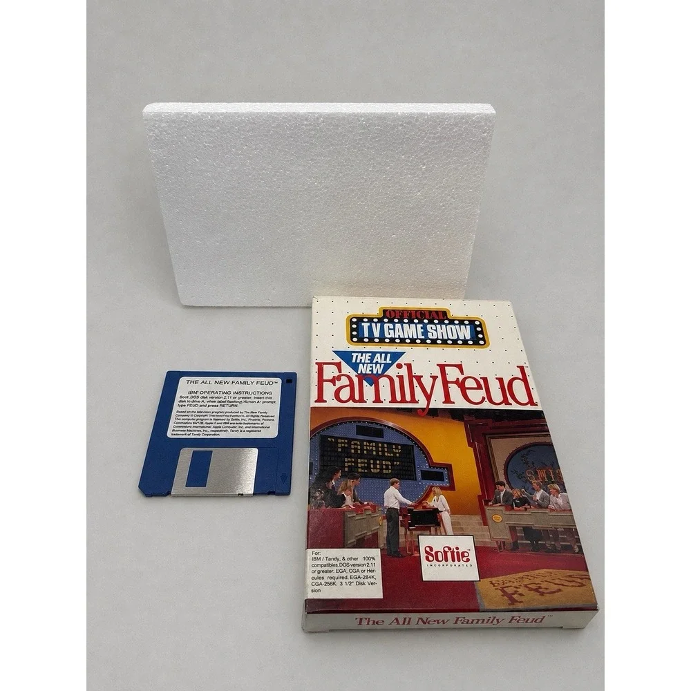 The All New Family Feud IBM Tandy DOS PC Game 3.5 Floppy Disc CIB Softie 1989